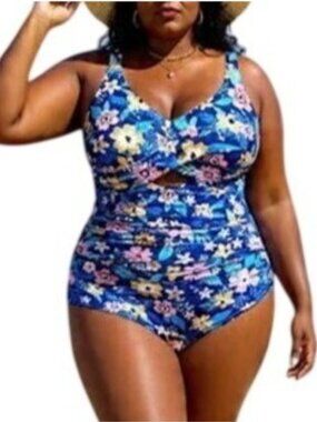 Daci Plus Size 18W One Piece Swimsuit Floral Twist Front Blue Ruched Swimwear